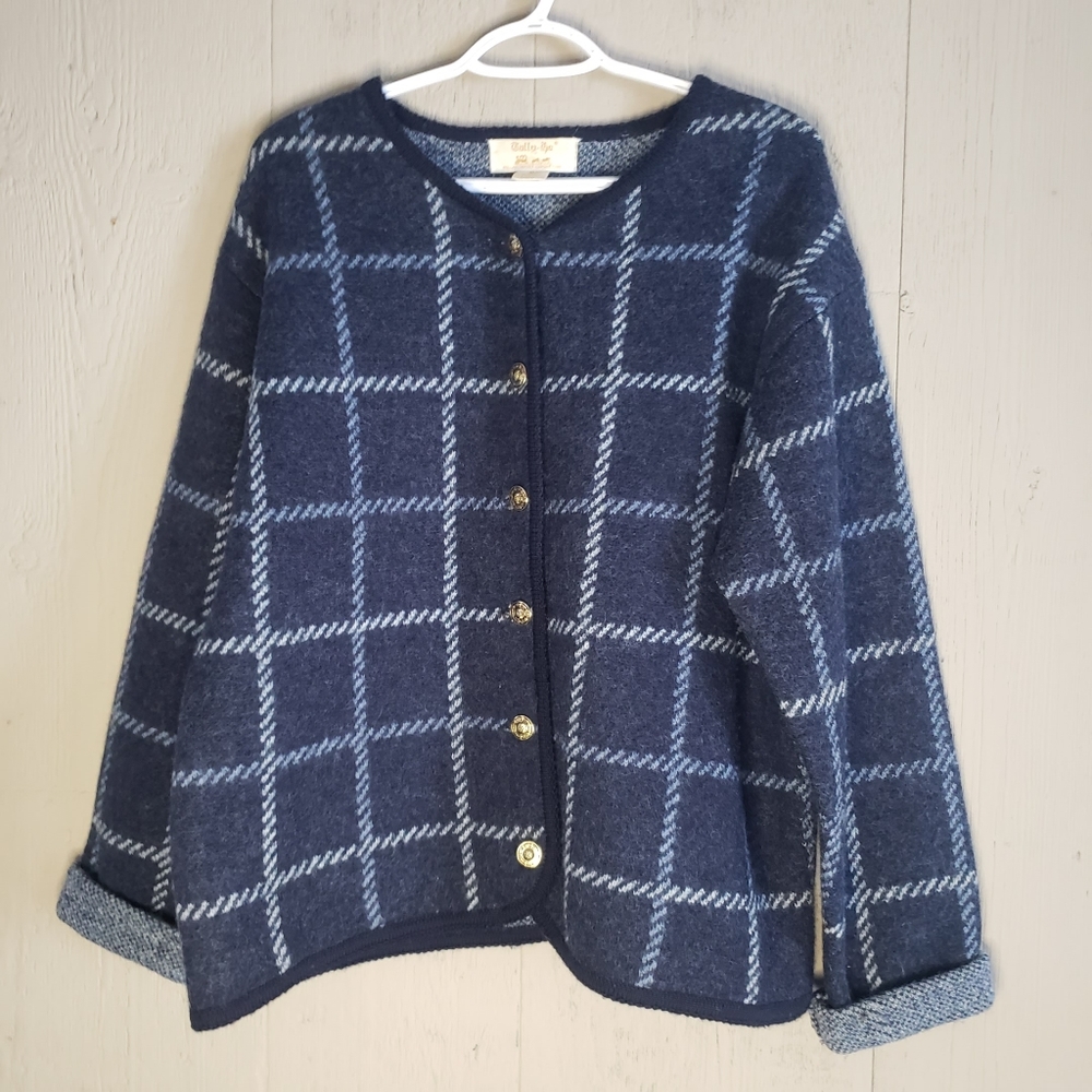 Tally Ho 100% Wool Button Cardigan Sweater Blue Size XL